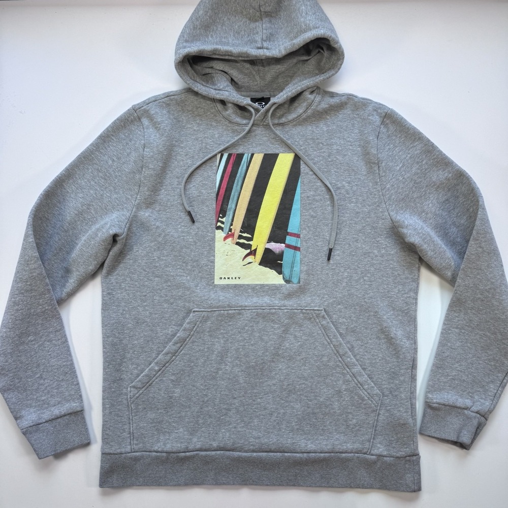 OAKLEY Hoodie Sweatshirt Surfboard Graphic Regular Fit Mens Medium Gray Pocket